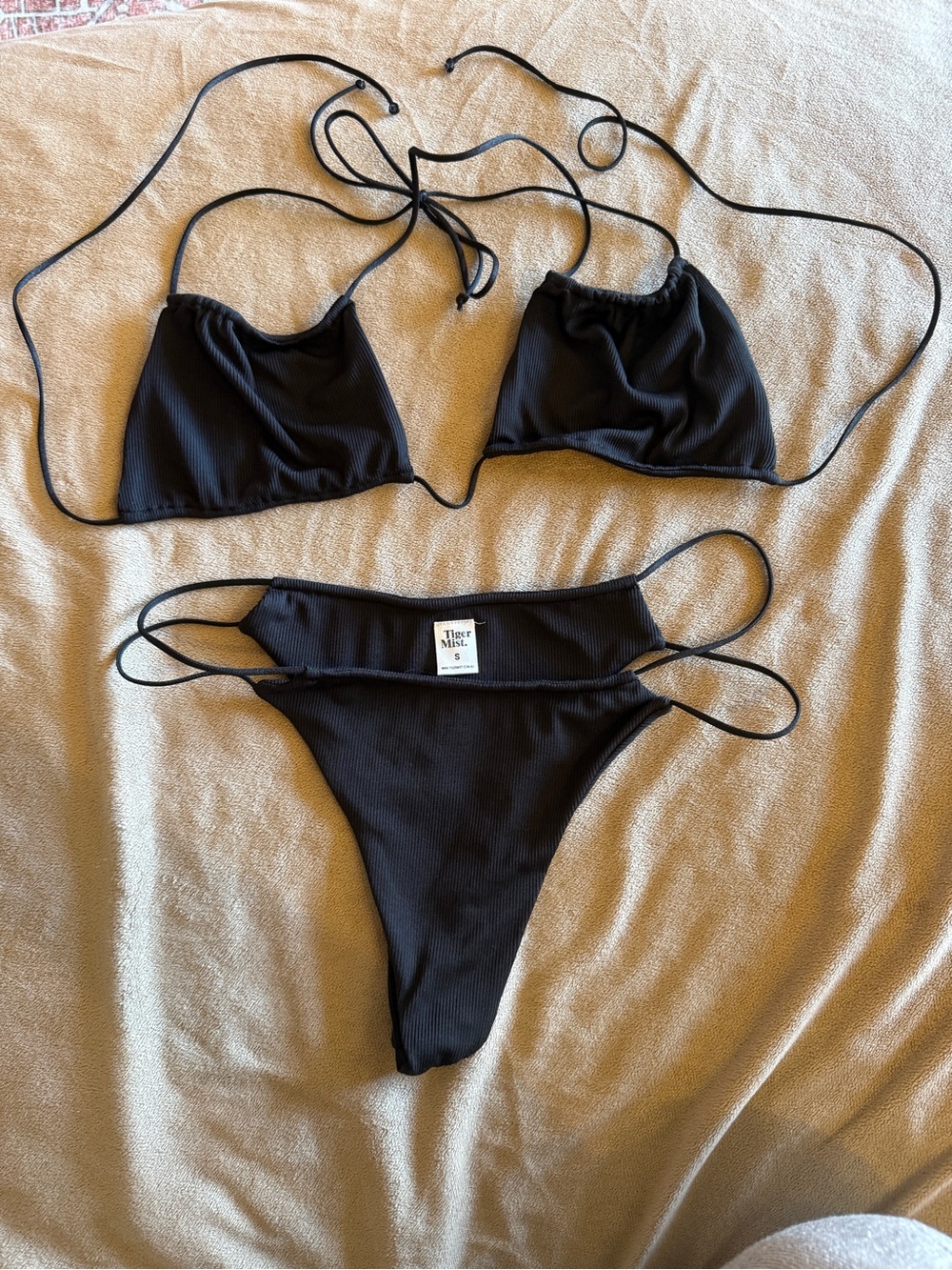 Tiger Mist Black Ribbed String Bikini